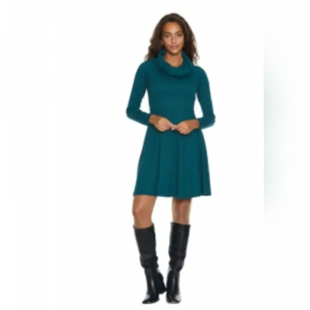 NWT Nine Britton Ribbed Cowl Neck Dark Green Sweater Dress sz.L  #1469